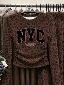 Tween女孩 NYC 炭灰色豹紋長袖上衣與寬腿褲套裝，時尚休閒穿搭，秋冬款 (2件組) - 彩色 - 查看 5