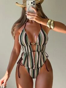 Swim SXY Women's Contrast Color Vertical Stripe Pattern Halter Neck Tie Bikini Set Beach Party Green Striped Summer Sexy Tropical - Multicolor - View 4