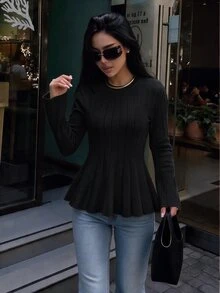 Elenzga 女式优雅修身圆领 A 字长袖纯色毛衣，秋季 - 黑色 - 查看 1