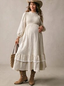 Boho Mama Maternity Solid Color Pleated Casual Party Travel Summer Dress - Khaki - View 4