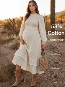 Boho Mama Maternity Solid Color Pleated Casual Party Travel Summer Dress - Khaki - View 3