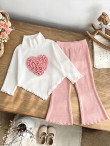 SHEIN 2件組幼女毛衣長褲套裝，甜美可愛白色粉色毛絨愛心貼布，羅紋長袖小立領，正裝版型，適合生日派對、秋季舒適度假時尚穿搭 - 粉色 - 查看 3