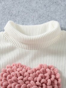 SHEIN 2件組幼女毛衣長褲套裝，甜美可愛白色粉色毛絨愛心貼布，羅紋長袖小立領，正裝版型，適合生日派對、秋季舒適度假時尚穿搭 - 粉色 - 查看 5