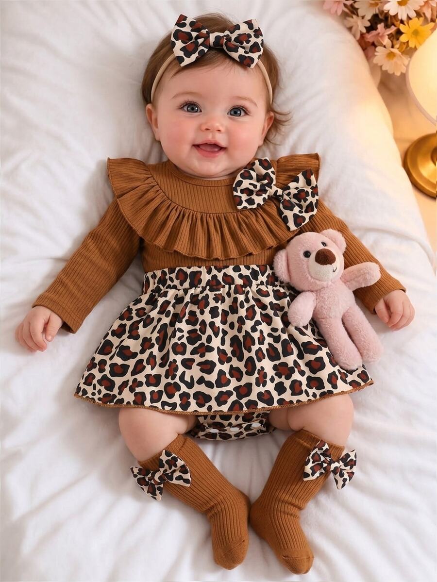SHEIN Baby Girl European & American Fashion Leopard Print Ruffle Long Sleeve Dress With Socks Set, Autumn/Winter Holiday Outfit - Coffee Brown - View 1