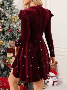 SHEIN Clasi Women's Velvet Beaded Waist-Cinched A-Line Dress - Burgundy - View 2