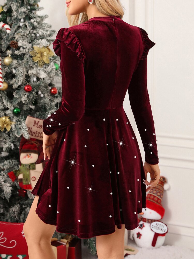 SHEIN Clasi 女款天鵝絨珠飾收腰A字洋裝 - 酒紅色 - 查看 2