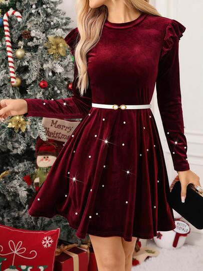 SHEIN Clasi فستان نسائي من المخمل مزين بالخرز بخصر مشدود وقصة A-Line