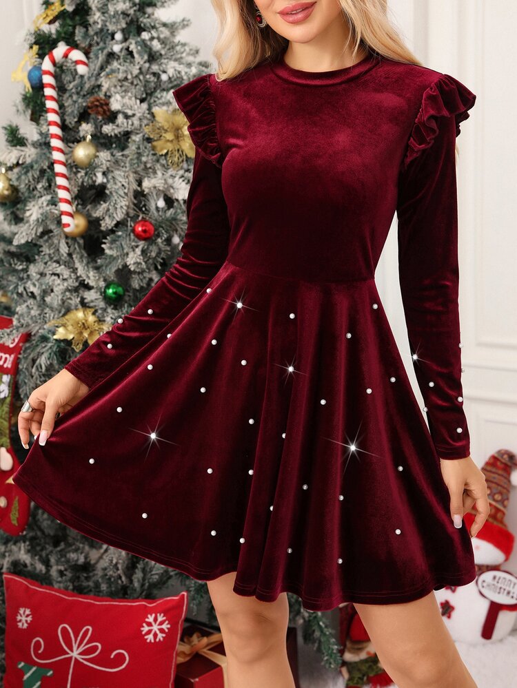 SHEIN Clasi 女款天鵝絨珠飾收腰A字洋裝 - 酒紅色 - 查看 7