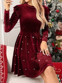 SHEIN Clasi Women's Velvet Beaded Waist-Cinched A-Line Dress - Burgundy - View 4
