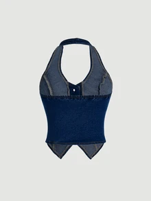 SHEIN EZwear الجينز الأزرق مضبوط بشكل مرن قصير الأعلى حلقي الرقبة ظهره مكشوف - أزرق داكن - مشاهدة 3
