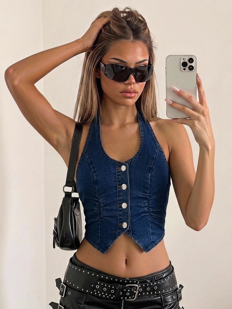 SHEIN EZwear الجينز الأزرق مضبوط بشكل مرن قصير الأعلى حلقي الرقبة ظهره مكشوف