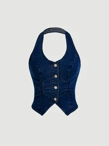 SHEIN EZwear الجينز الأزرق مضبوط بشكل مرن قصير الأعلى حلقي الرقبة ظهره مكشوف - أزرق داكن - مشاهدة 4