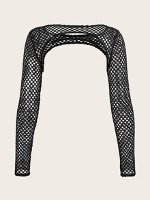 SHEIN ICON Fashion Solid Fishnet Super Crop Black Top - Black - View 4