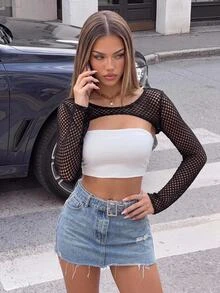 SHEIN ICON Fashion Solid Fishnet Super Crop Black Top - Black - View 1
