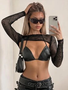 SHEIN ICON Fashion Solid Fishnet Super Crop Black Top - Black - View 2