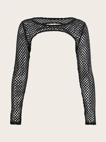 SHEIN ICON Fashion Solid Fishnet Super Crop Black Top - Black - View 3