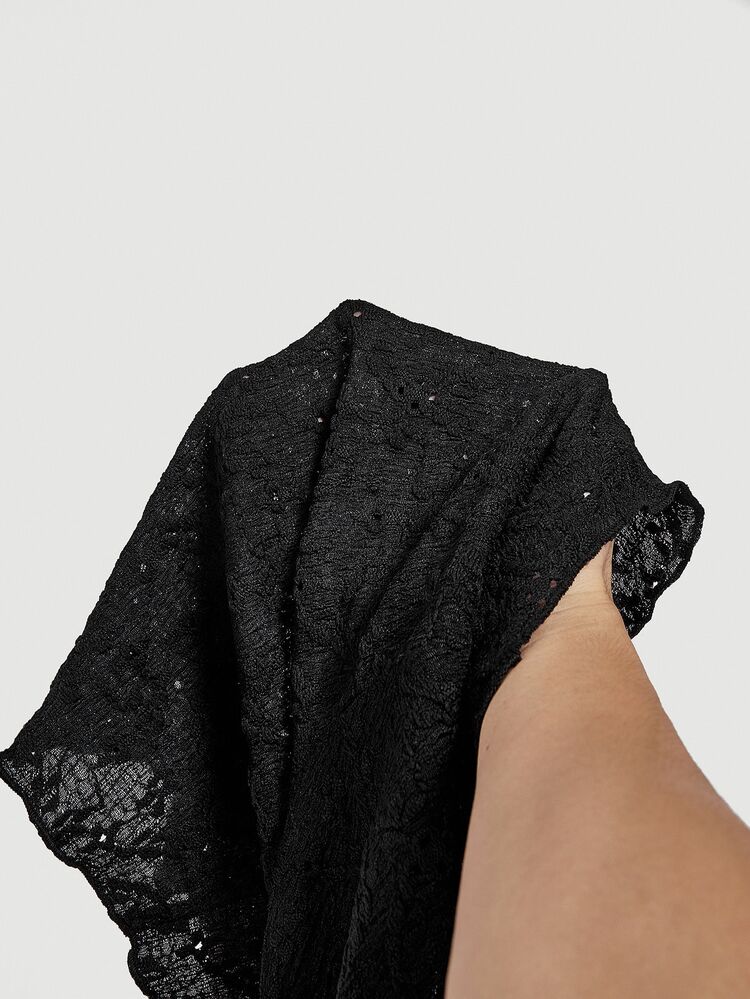 Skyraze Retro V-Neck Cropped Bell Sleeve Tie-Up Cardigan For Women Black Tops - Black - View 7
