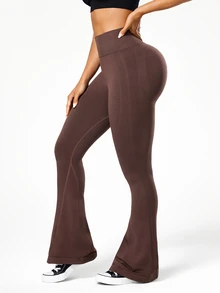 Slayform Slayform Women's Solid Color High Waist Seamless Flare Pants - Coffee Brown - View 5