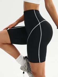Slayform Slayform 1pc Women's Ribbed Contrast Color Waistband Basic Running, Fitness, Exercise, Cycling Sports Shorts Workout Weight Loss - Black and White - View 6