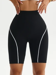 Slayform Slayform 1pc Women's Ribbed Contrast Color Waistband Basic Running, Fitness, Exercise, Cycling Sports Shorts Workout Weight Loss - Black and White - View 2