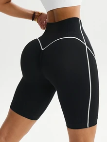 Slayform Slayform 1pc Women's Ribbed Contrast Color Waistband Basic Running, Fitness, Exercise, Cycling Sports Shorts Workout Weight Loss - Black and White - View 5