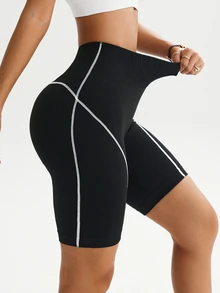 Slayform Slayform 1pc Women's Ribbed Contrast Color Waistband Basic Running, Fitness, Exercise, Cycling Sports Shorts Workout Weight Loss - Black and White - View 7