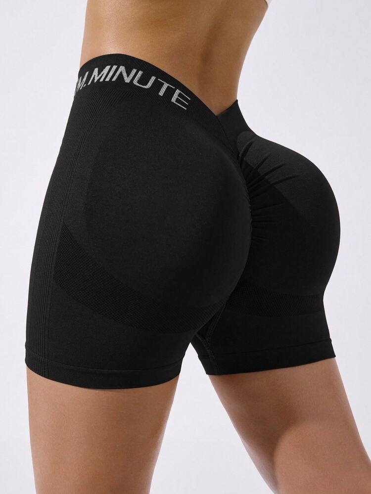 Slayform Slayform Letter Print High Waist Seamless Sports Shorts Black Shorts - Black - View 5
