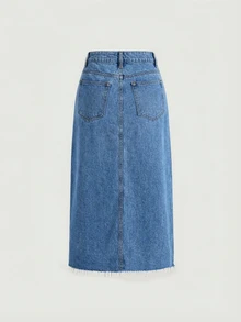 SHEIN Girlism Teen Girl Solid Color Split Casual Denim Skirt - Medium Wash - View 2