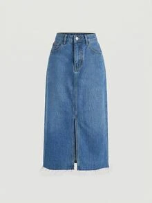 SHEIN Girlism Teen Girl Solid Color Split Casual Denim Skirt - Medium Wash - View 1
