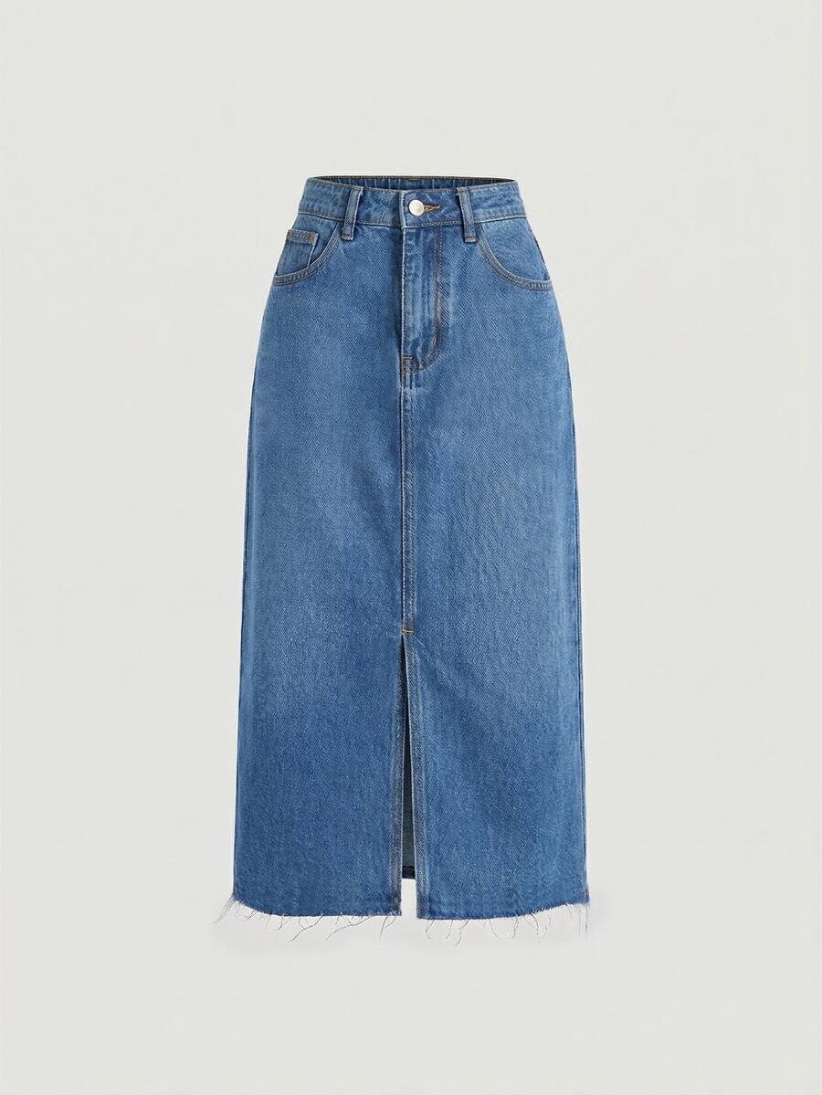 SHEIN Girlism Teen Girl Solid Color Split Casual Denim Skirt - Medium Wash - View 1