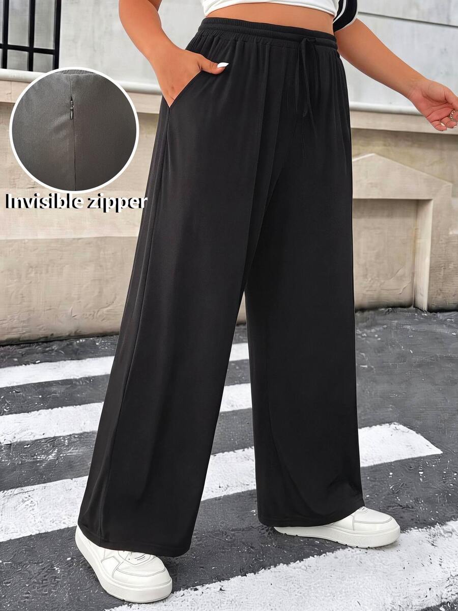 Muchica Women's Plus Size Summer Silk Ultra-Thin Cool-Touch Functional Knit Ribbed Fabric Skin-Friendly Smooth Non-Linting Solid Color Daily Sports Basic Casual Pants With Pockets Front Drawstring Elastic Waist High Waist Slimming Straight Leg Loose Fit - Black - View 1
