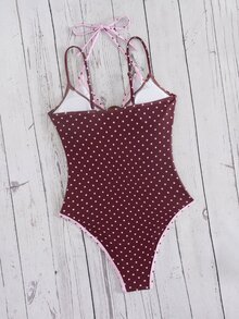 SHEIN Swim Women's Summer New Beach Vacation Swim Fashion Vacation Sweet Tropical Cute Colorblock Polka Dot Pink Print 2 In 1 Design One-Piece Triangle Bikini - Multicolor - View 2
