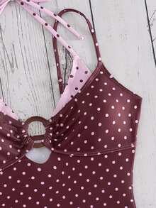 SHEIN Swim Women's Summer New Beach Vacation Swim Fashion Vacation Sweet Tropical Cute Colorblock Polka Dot Pink Print 2 In 1 Design One-Piece Triangle Bikini - Multicolor - View 6