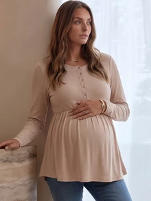 Slowluna Maternity Solid Color Button Half-Placket Long Sleeve Nursing Top Autumn Formal Breastfeeding Beige Casual Romantic Baggy Cute Fall Postpartum - Khaki - View 1