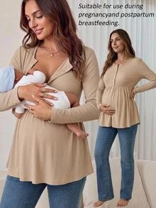 Slowluna Maternity Solid Color Button Half-Placket Long Sleeve Nursing Top Autumn Formal Breastfeeding Beige Casual Romantic Baggy Cute Fall Postpartum - Khaki - View 2