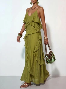 Zivah Women's Textured V-Neck Ruffle Hem Spaghetti Strap Vacation Dress Vacation Olive Green Summer Boho - Mustard Yellow - View 6
