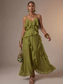 Zivah Women's Textured V-Neck Ruffle Hem Spaghetti Strap Vacation Dress Vacation Olive Green Summer Boho - Mustard Yellow - View 11