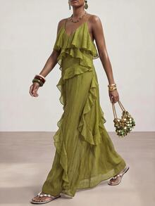 Zivah Women's Textured V-Neck Ruffle Hem Spaghetti Strap Vacation Dress Vacation Olive Green Summer Boho - Mustard Yellow - View 7