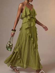 Zivah Women's Textured V-Neck Ruffle Hem Spaghetti Strap Vacation Dress Vacation Olive Green Summer Boho - Mustard Yellow - View 10