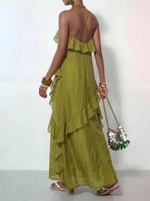 Zivah Women's Textured V-Neck Ruffle Hem Spaghetti Strap Vacation Dress Vacation Olive Green Summer Boho - Mustard Yellow - View 9