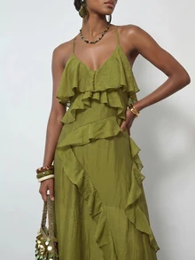 Zivah Women's Textured V-Neck Ruffle Hem Spaghetti Strap Vacation Dress Vacation Olive Green Summer Boho - Mustard Yellow - View 12
