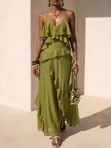 Zivah Women's Textured V-Neck Ruffle Hem Spaghetti Strap Vacation Dress Vacation Olive Green Summer Boho - Mustard Yellow - View 4