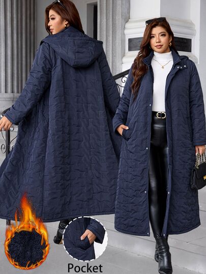 SHEIN Clasi Plus Size Women Solid Color Casual Baggy Smart Daily Wear Winter Hooded Padded Coat Holiday Going Out Club Navy