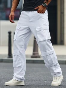 Manfinity Homme Men's Multi-Pocket Casual Straight-Leg Denim Pants - White - View 4