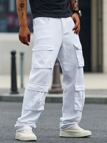 Manfinity Homme Men's Multi-Pocket Casual Straight-Leg Denim Pants - White - View 5