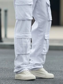 Manfinity Homme Men's Multi-Pocket Casual Straight-Leg Denim Pants - White - View 7