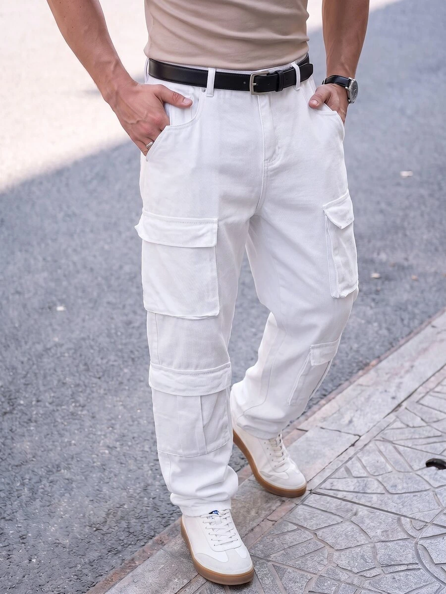 Manfinity Homme Men's Multi-Pocket Casual Straight-Leg Denim Pants - White - View 1