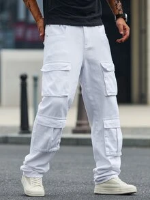 Manfinity Homme Men's Multi-Pocket Casual Straight-Leg Denim Pants - White - View 3