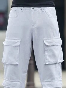 Manfinity Homme Men's Multi-Pocket Casual Straight-Leg Denim Pants - White - View 6