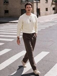 Manfinity Homme Men's Solid Color Crew Neck Long Sleeve Casual Loose Knit Sweater For Autumn/Winter - White - View 1